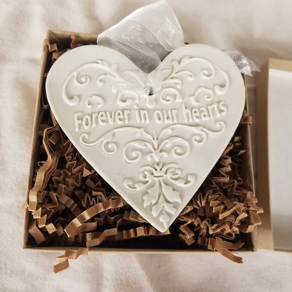Coille Hooven Porcelain Heart Ornament White New Memorial Scrollwork Love